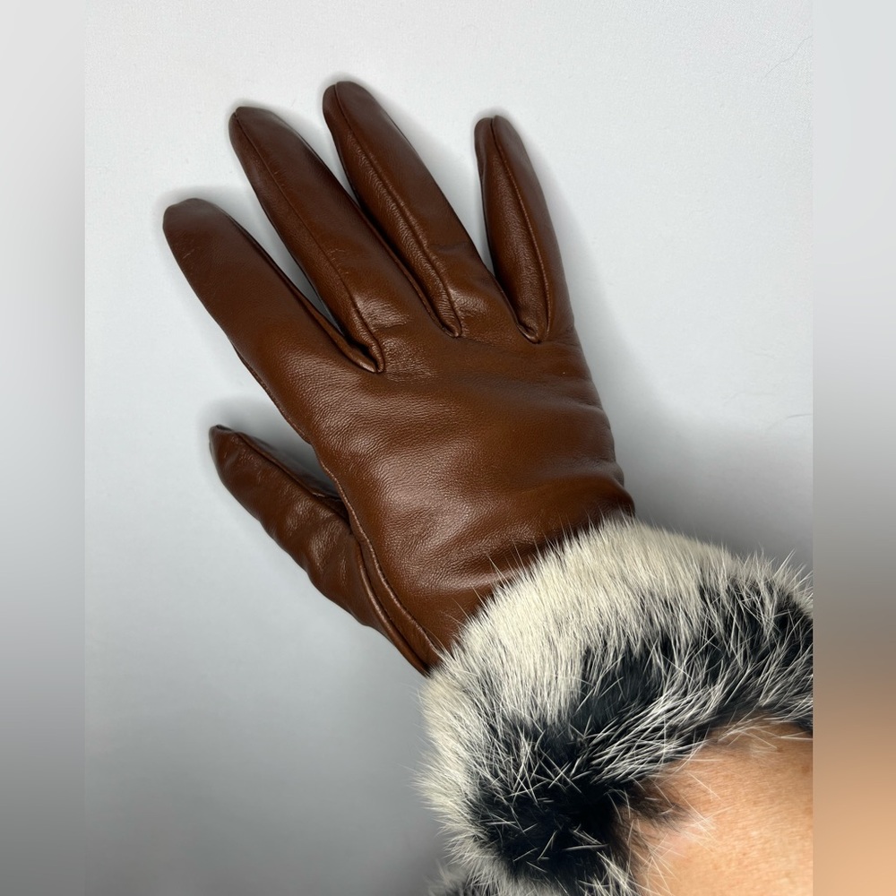 Excelled Brown Lamb Leather Cashmere Lined Gloves with Rabbit Fur Trim Size L